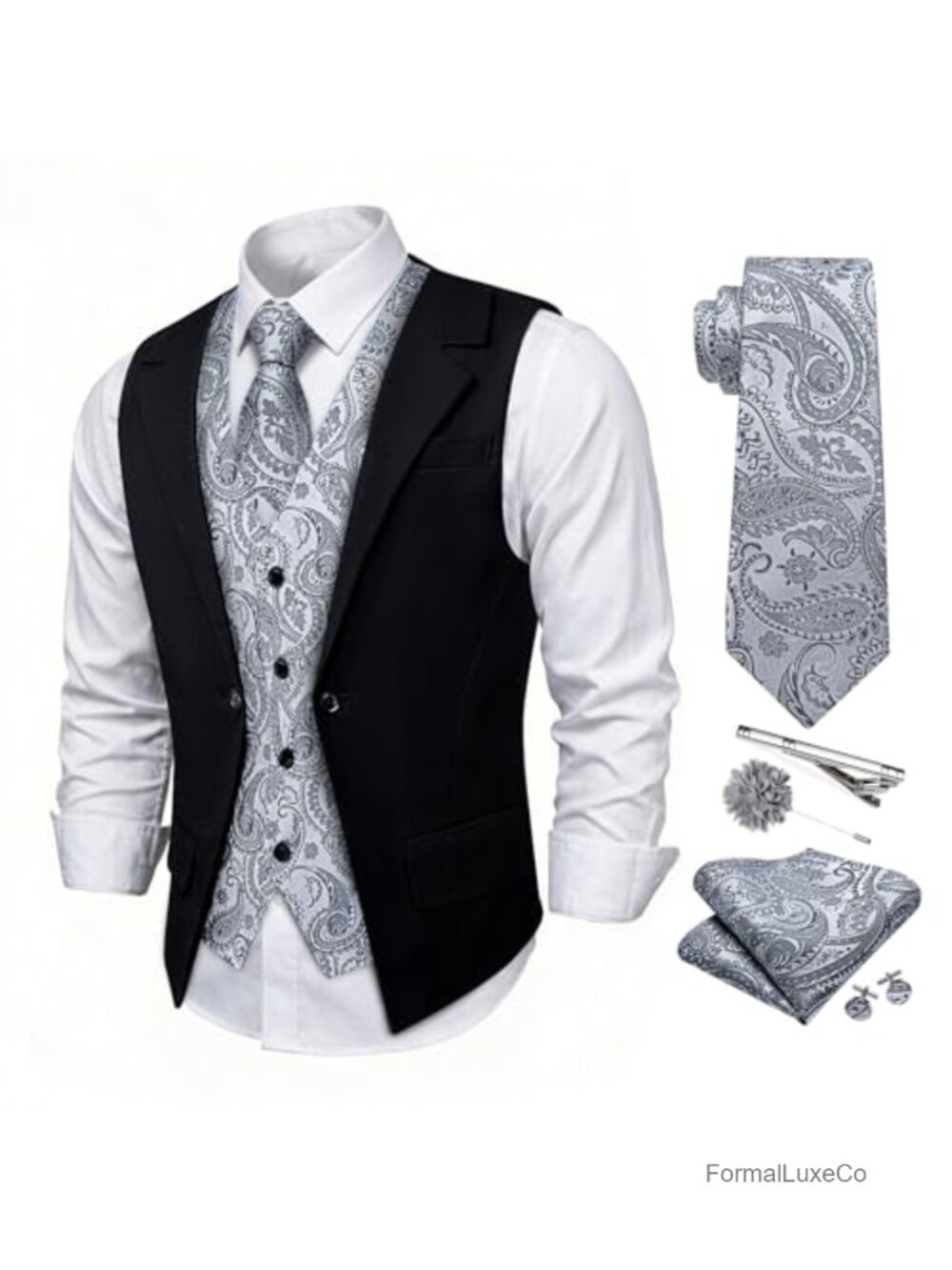 Mens Layered Suit Vest Tie Set Formal Silk Paisley Waistcoat 6PCS